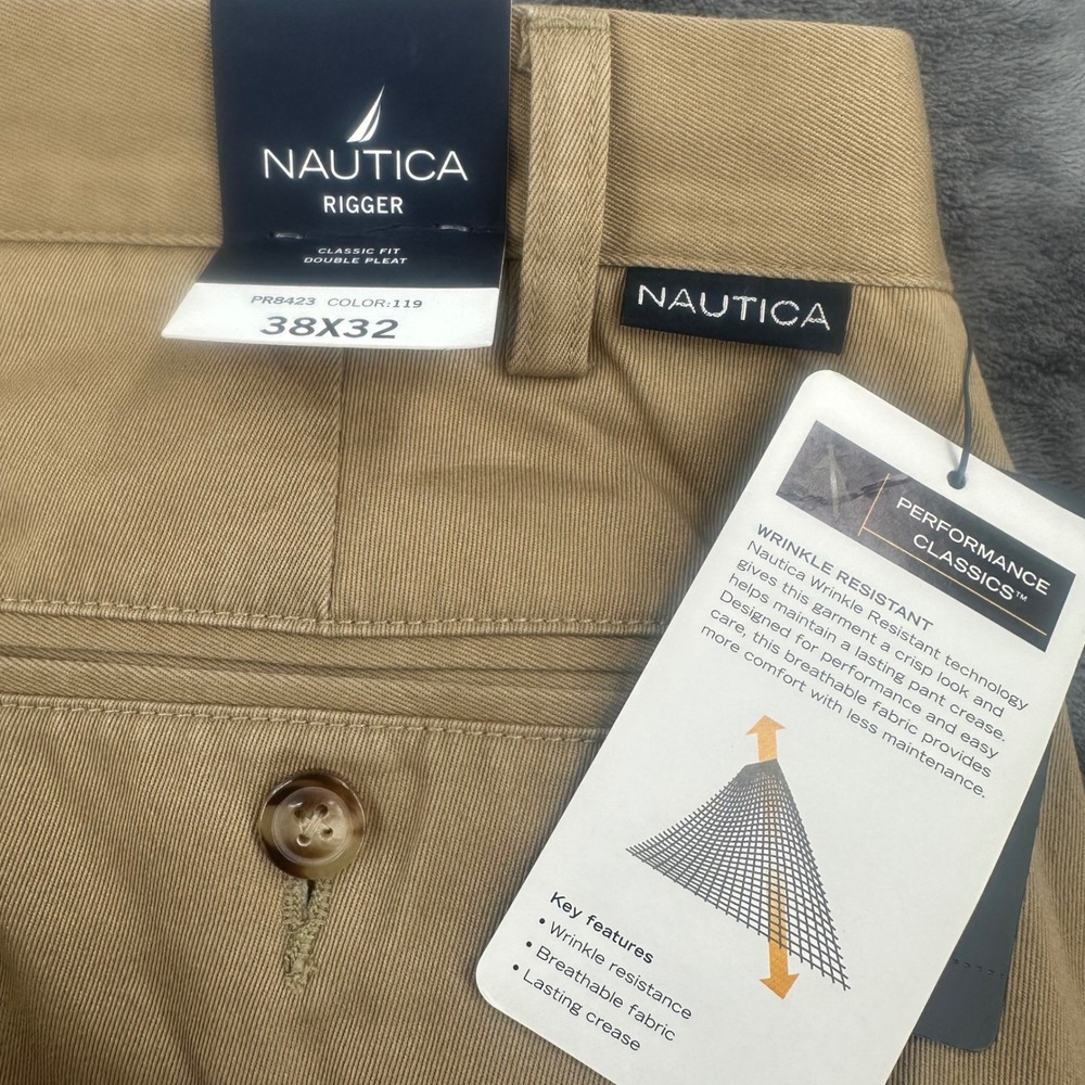 NEW Nautica Mens Rigger Performance Classics Pleated Chino Pants Khaki 38x32 NWT - Picture 5 of 9